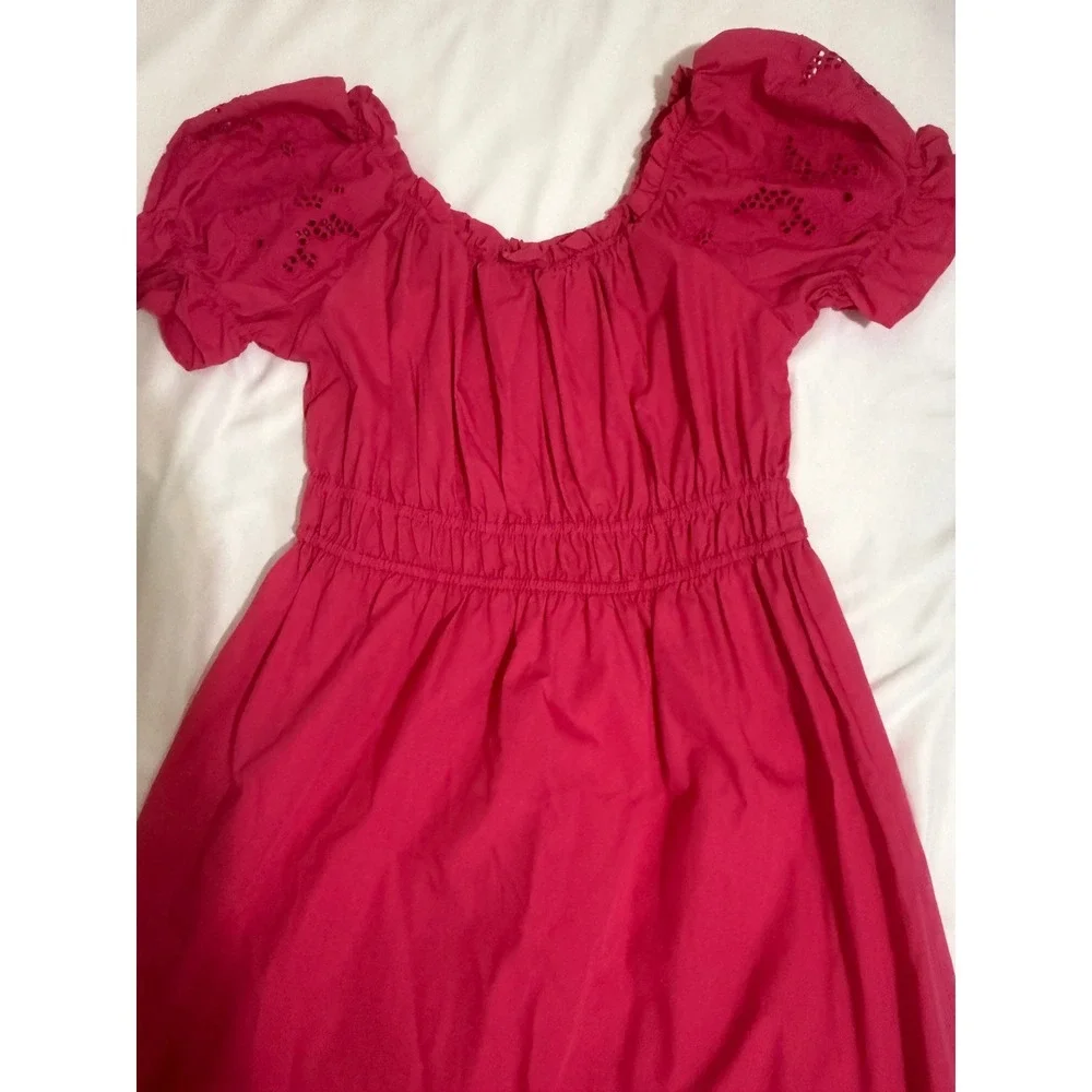 Ashley &‎ Sage Pink Eyelet Puff Sleeve Smocked Tiered Maxi Dress Womens L